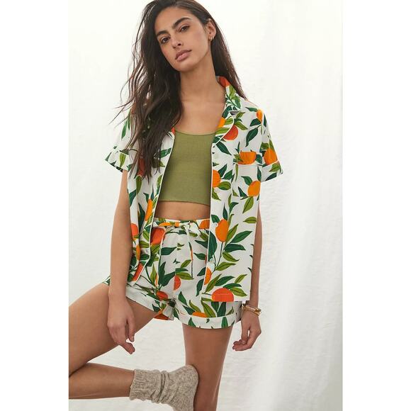 SOLD Anthropologie Printfresh M Clementine Pajama Set Short Sleeve Top Shorts - Picture 1 of 14